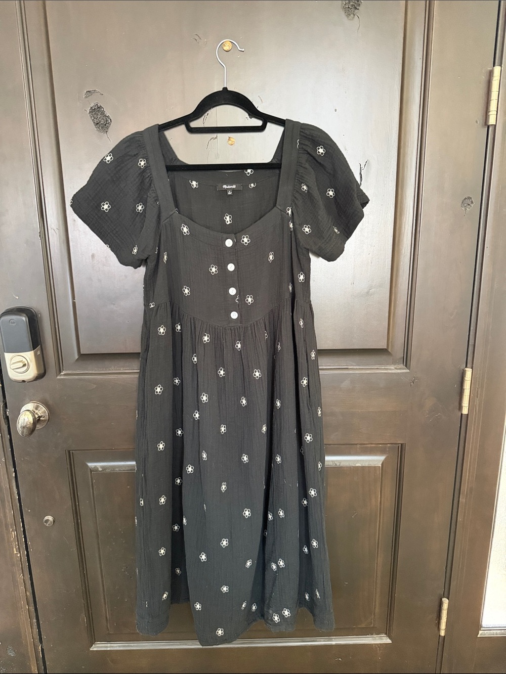 Madewell Black Puff-Sleeve Midi Dress with White Floral Embroidery Size Small
